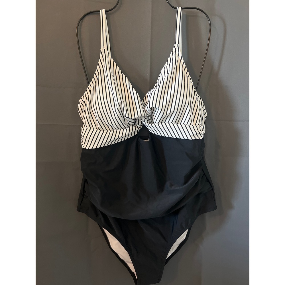 Cupshe Striped Twist Front Keyhole One Piece Swimsuit Black White XL - Picture 1 of 3